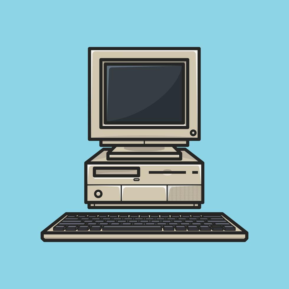 Front view of a realistic computer monitor CPU with a keyboard. Vector illustration isolated on light background.