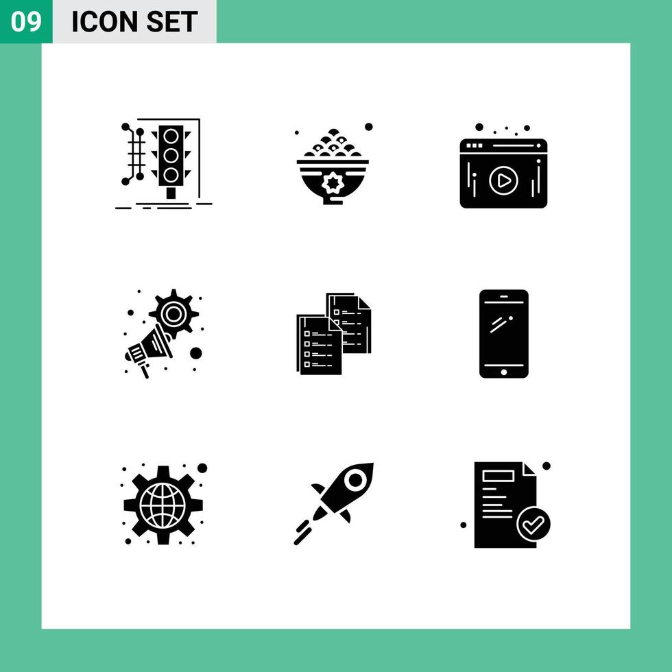 Universal Icon Symbols Group of 9 Modern Solid Glyphs of document megaphone lunch marketing player Editable Vector Design Elements