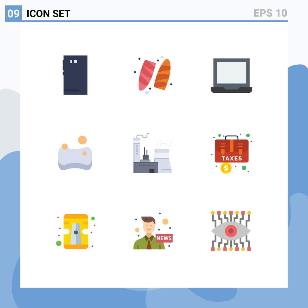 Universal Icon Symbols Group of 9 Modern Flat Colors of factory building surfing sponge cleaning Editable Vector Design Elements