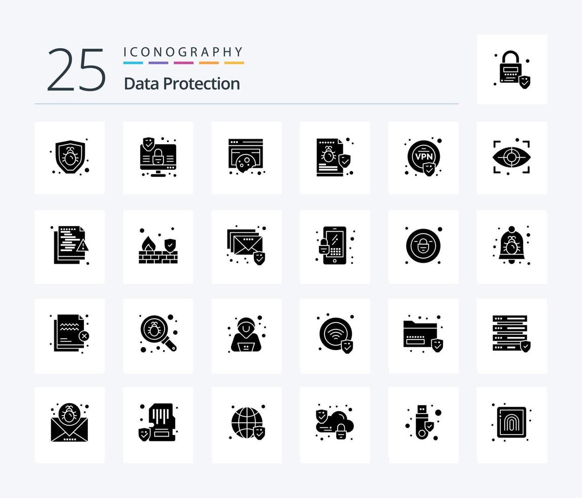 Data Protection 25 Solid Glyph icon pack including security. virus. data. security. file vector