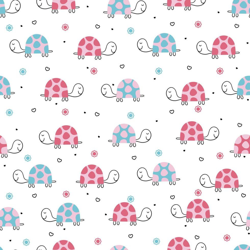 patrón de vector transparente de bebé. lindas tortugas con flores y corazones sobre fondo blanco. textura creativa para niños para tela, envoltura, textil, papel pintado, ropa.