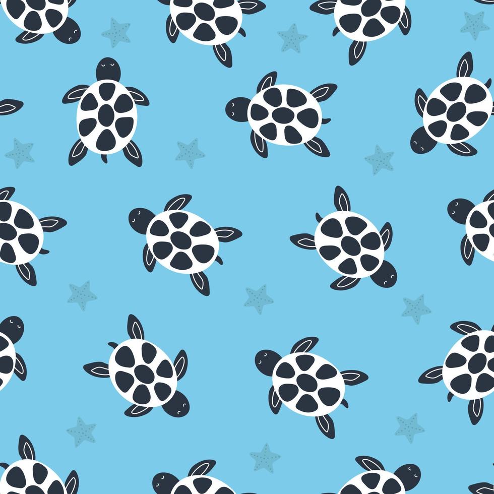 Seamless vector sealife background with turtles and seastars. Beach wear marine animal summer textiles, world turtle day