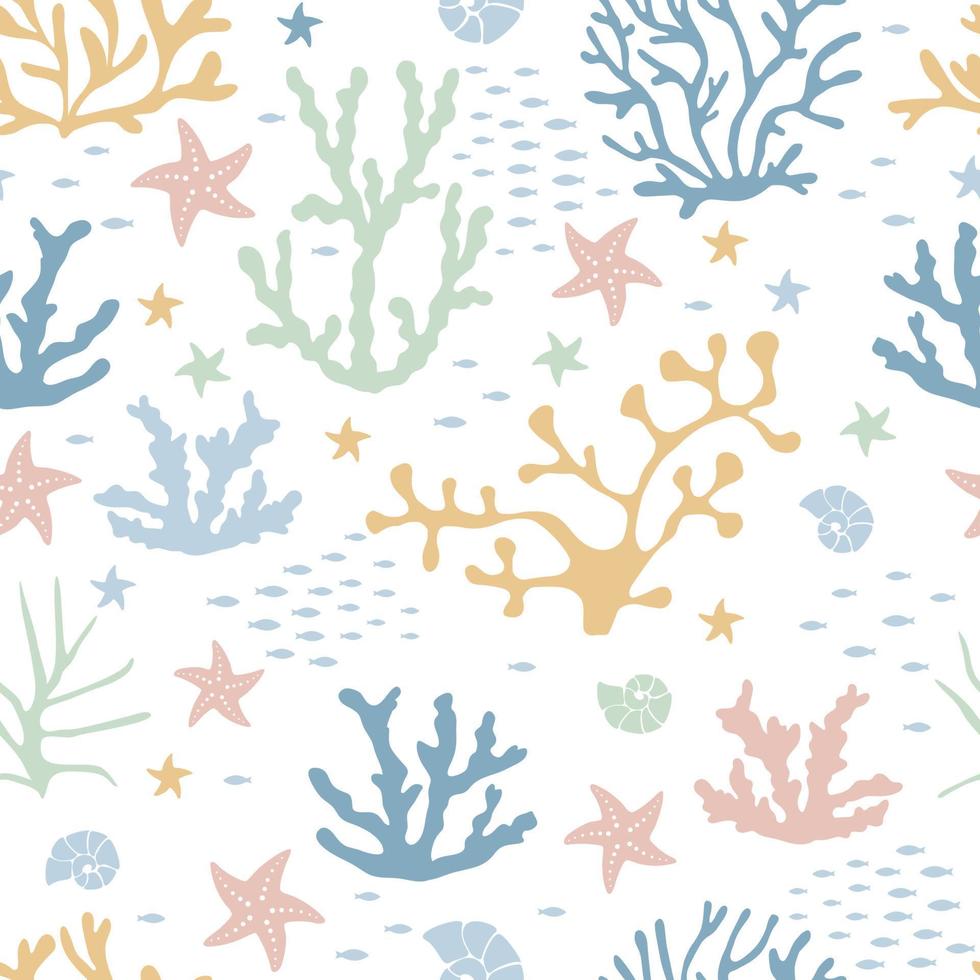 Living corals in the sea. Seamless vector pattern with different shapes.