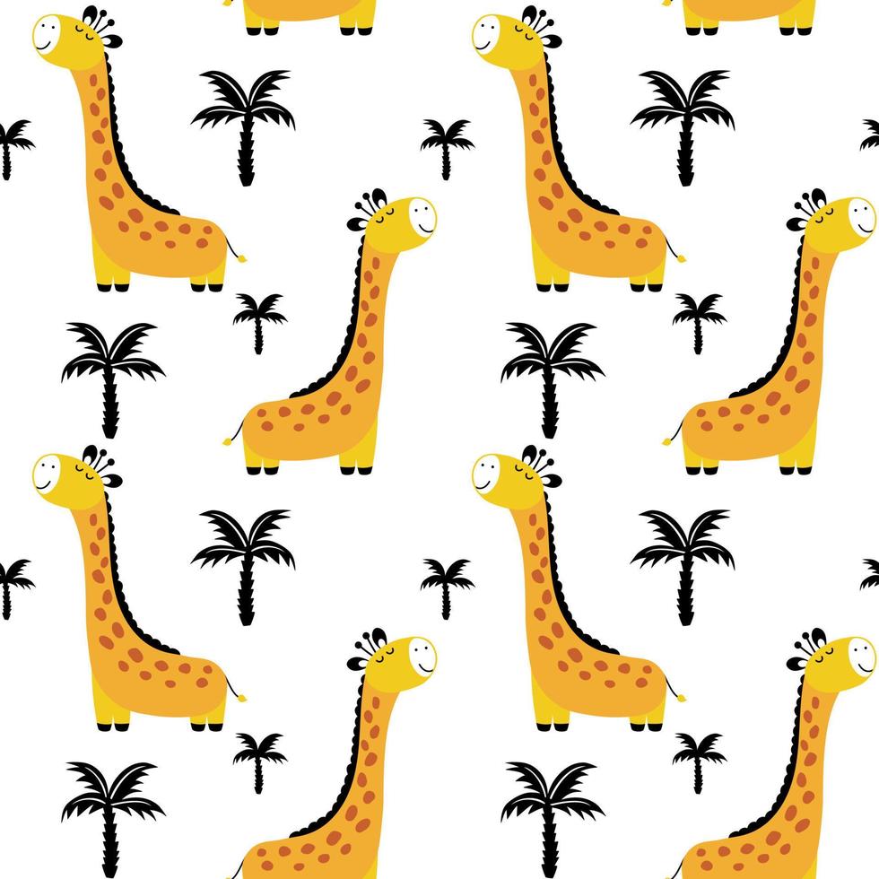 Baby seamless vector pattern. Cute giraffe with palms on white background. Creative kids texture for fabric, textile, wallpaper, apparel. Vector illustration in pastel colours.