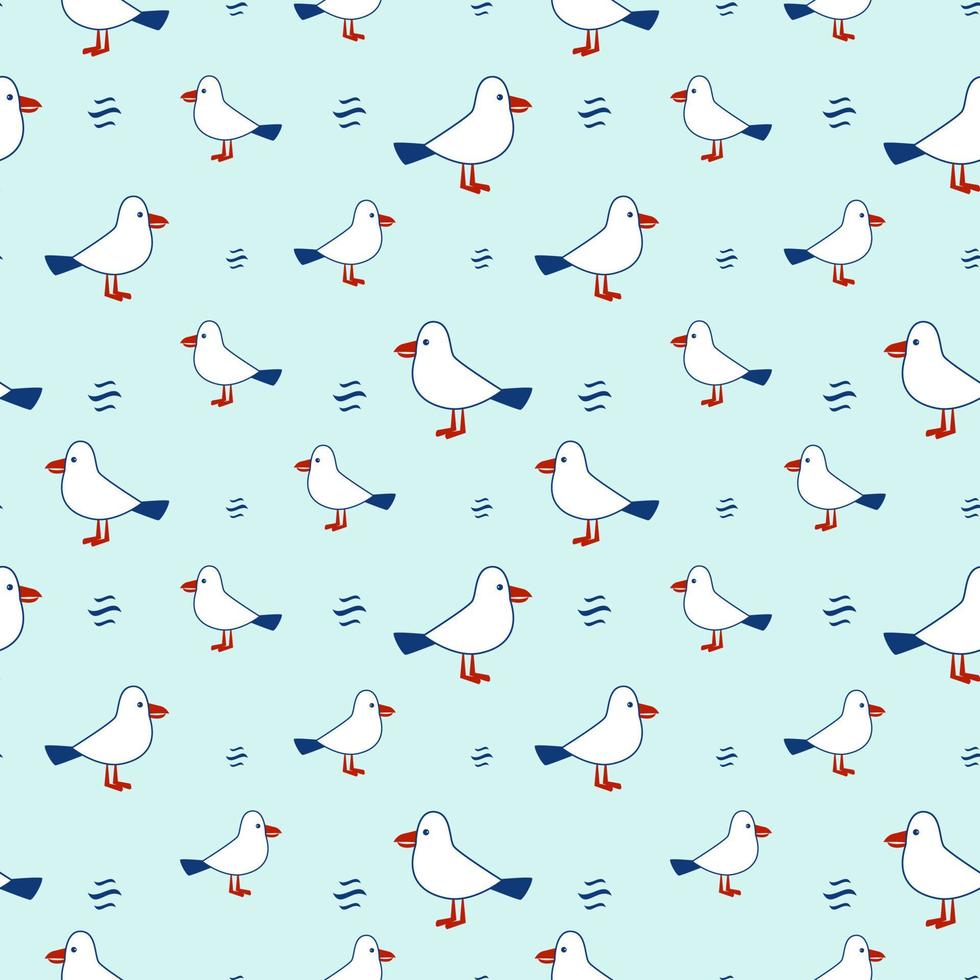 Seamless pattern with cute seagull and wave. Cute marine pattern for fabric, children's clothing, background, textiles, wrapping paper vector