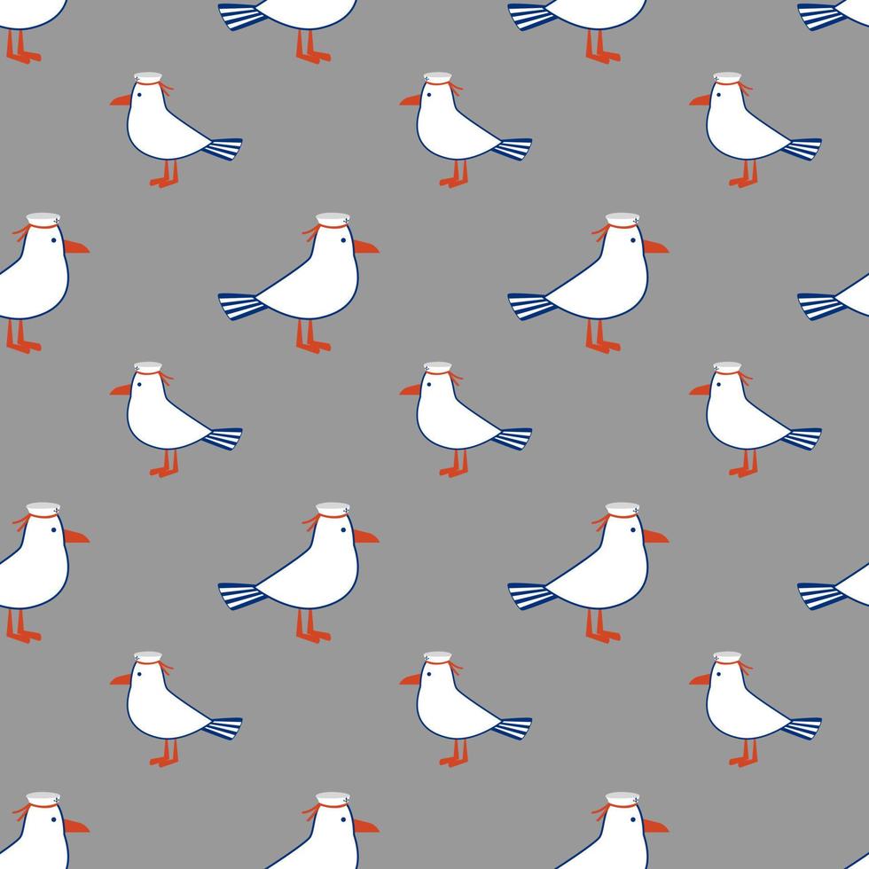 Seagulls in a captain's hat. Cute seamless marine pattern vector