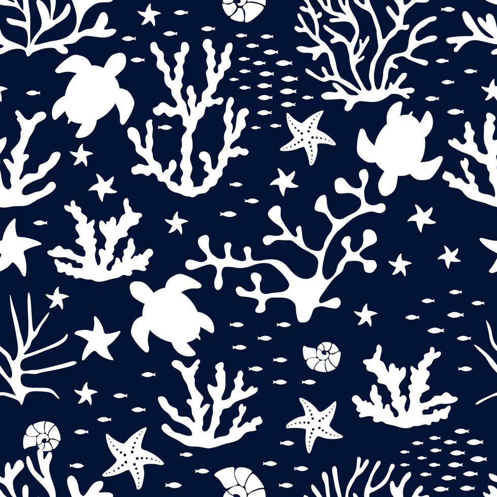 Living corals, fish and turtles and shells in the sea. Seamless vector pattern with different marine shapes.