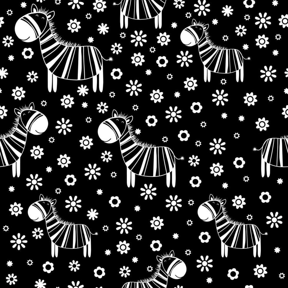 Cute seamless pattern with zebra and simple flowers. Decorative funny wallpaper, good for printing. Background vector, happy horses vector