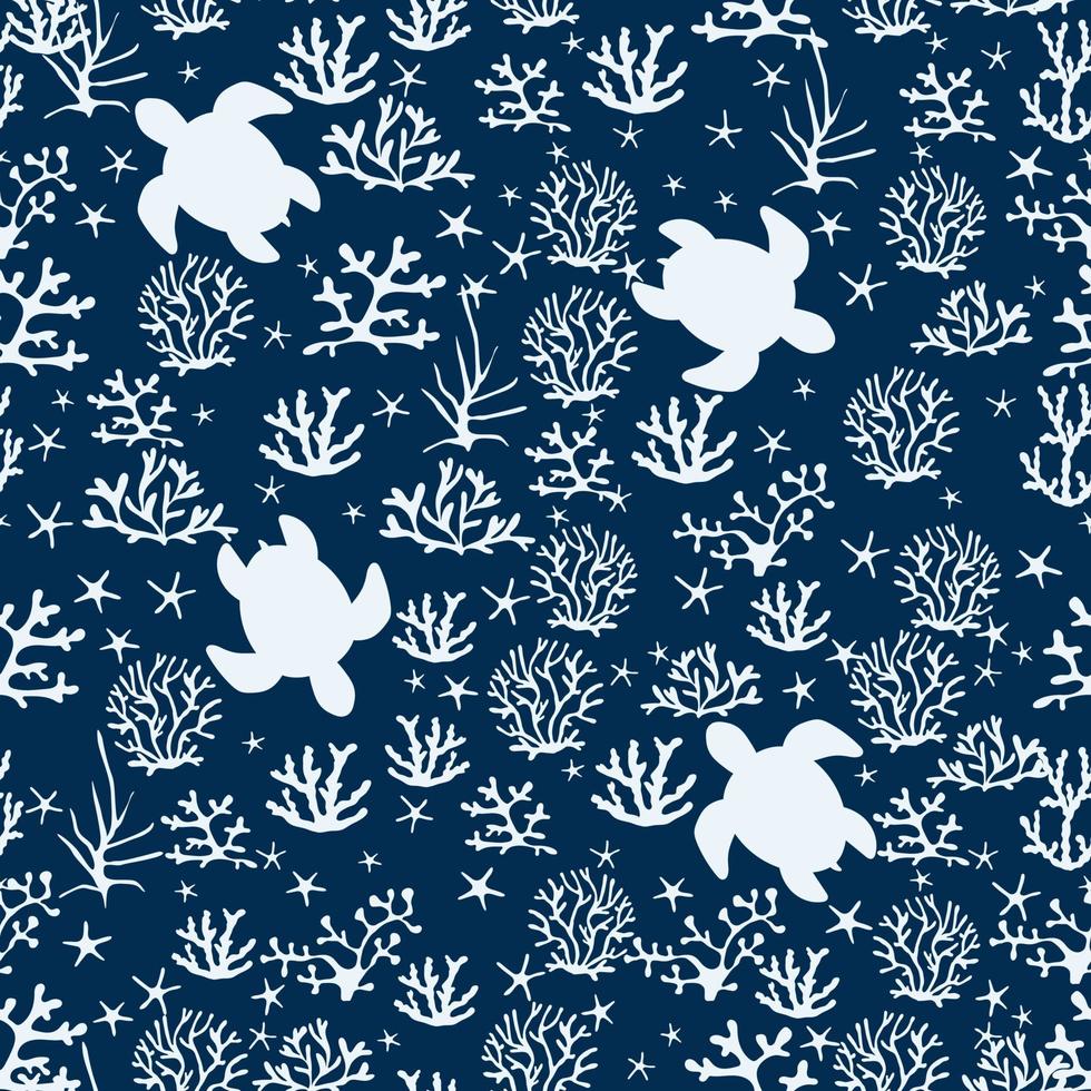 Different corals with starfish and turtles on a blue background vector