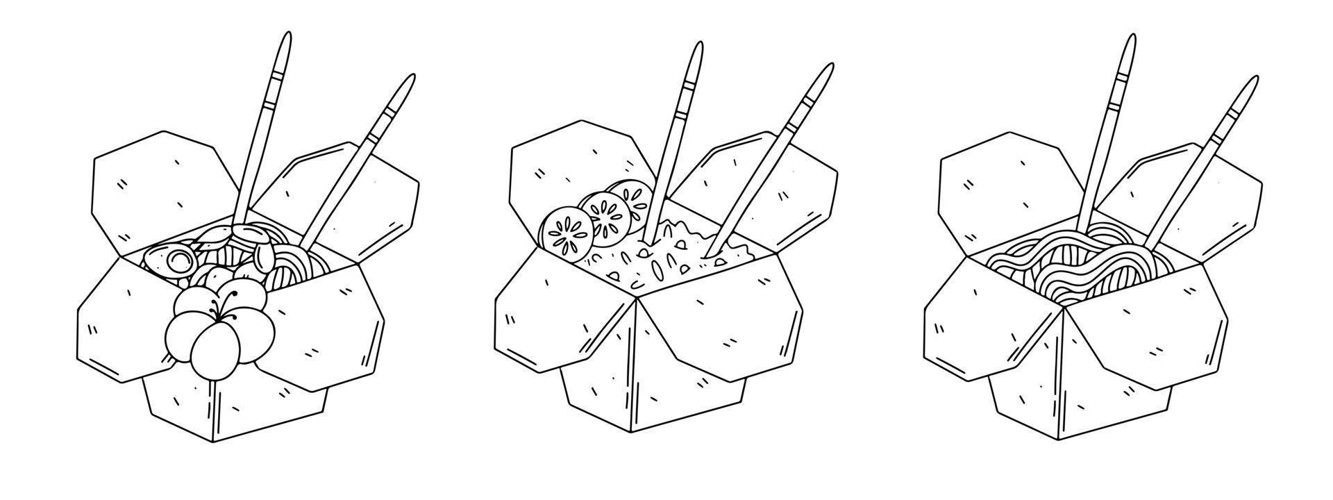 Set of tradition asian food in paper box in hand drawn doodle style. Vector illustration.
