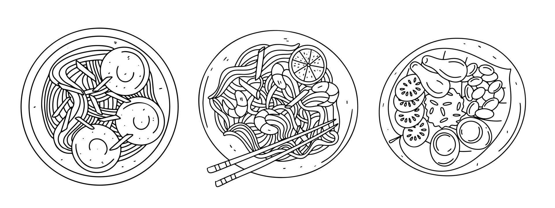Set of rice noodles with shrimps and vegetables in hand drawn doodle style. Top view. vector