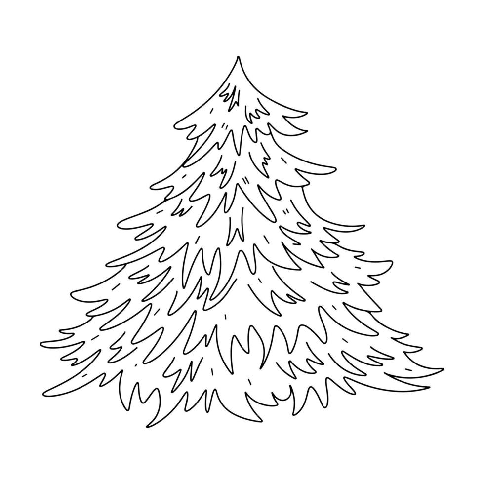 abeto en estilo garabato dibujado a mano. página para colorear para niños. Ilustración de vector de árbol de Navidad.