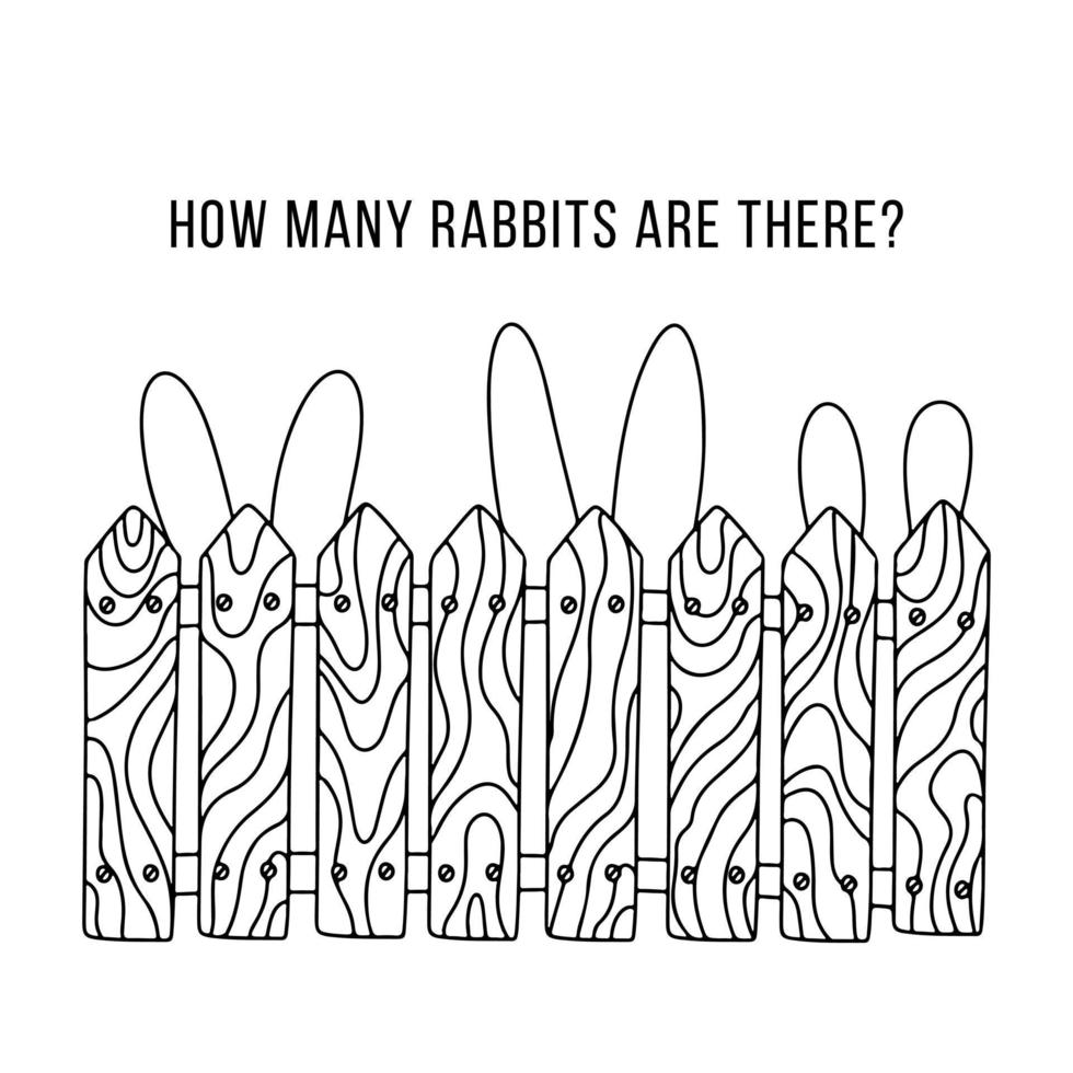 Rabbits ears behind the fence in hand drawn doodle style. Vector illustration for children activity book. Counting quiz.
