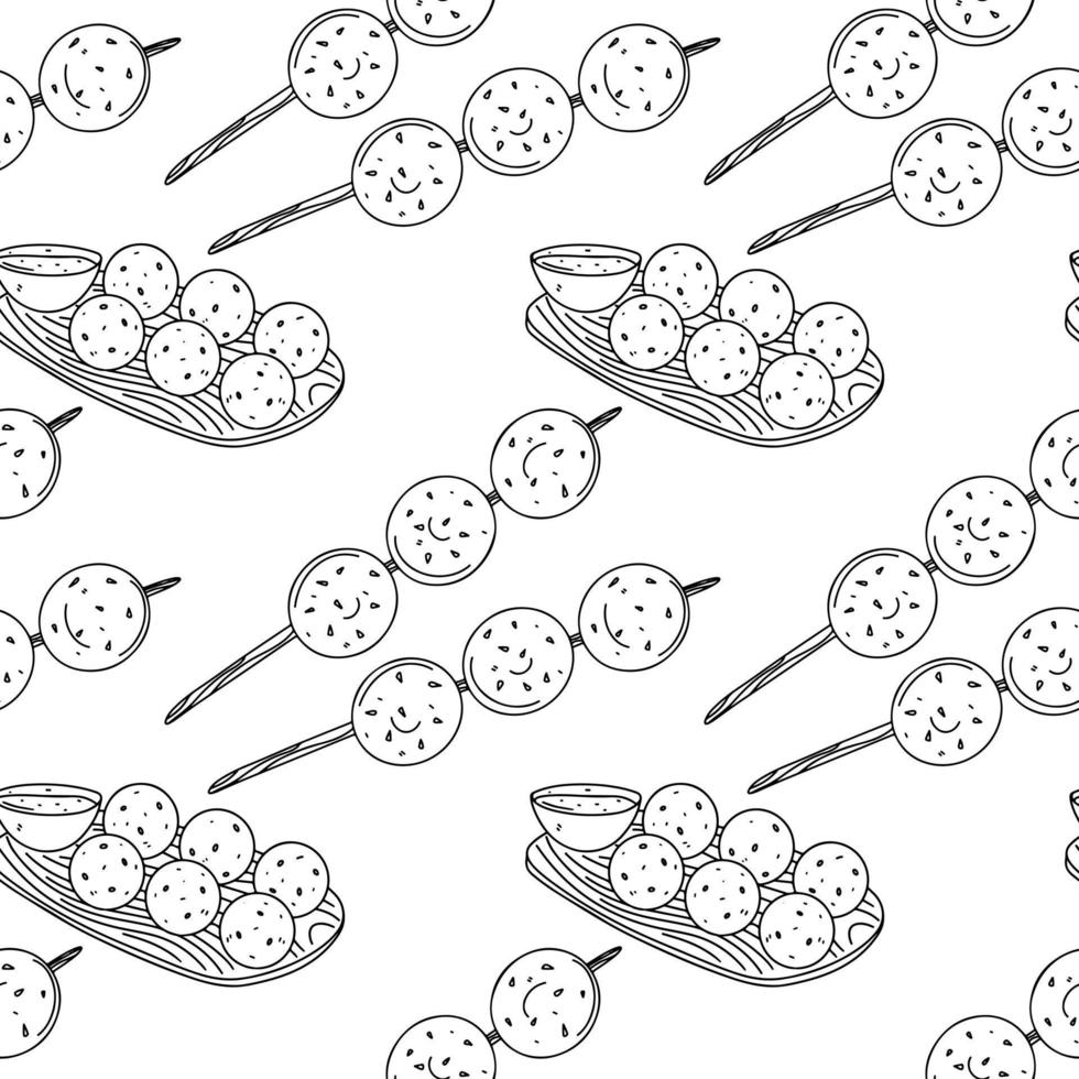 Meetballs with spicy sauce seamless pattern. Endless print in hand drawn doodle style. vector