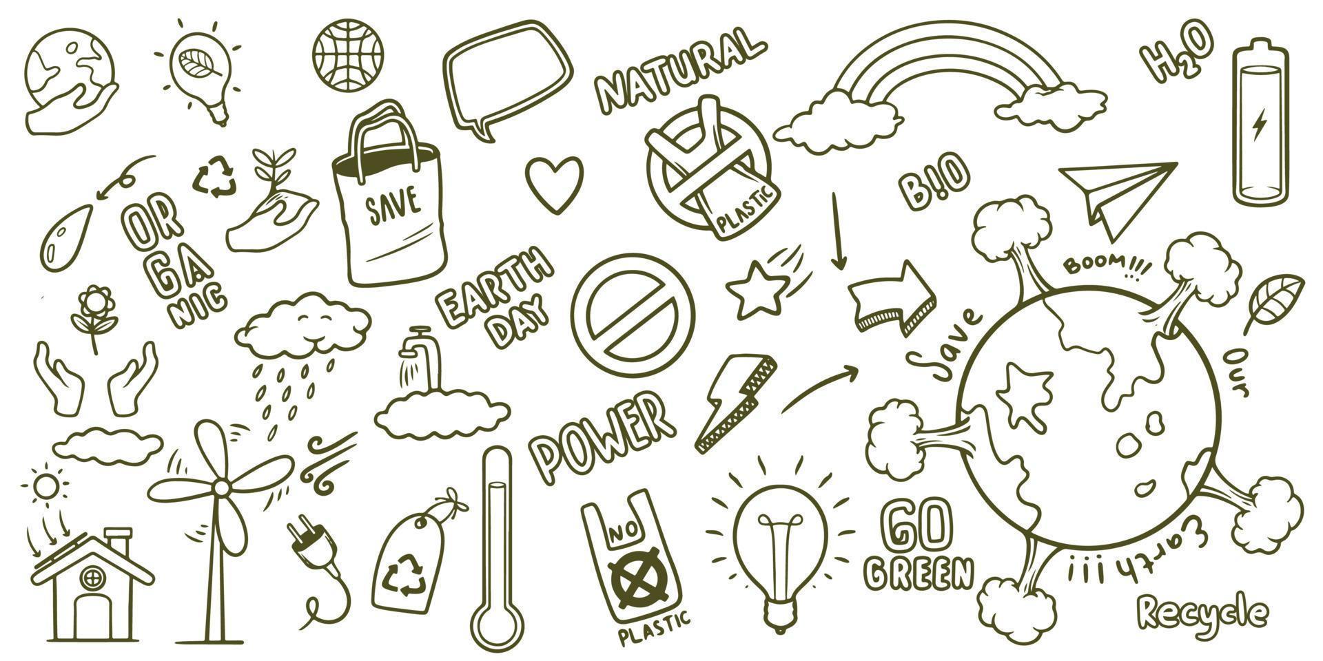 Hand drawn of save earth renewable energy ecology doodle set elements