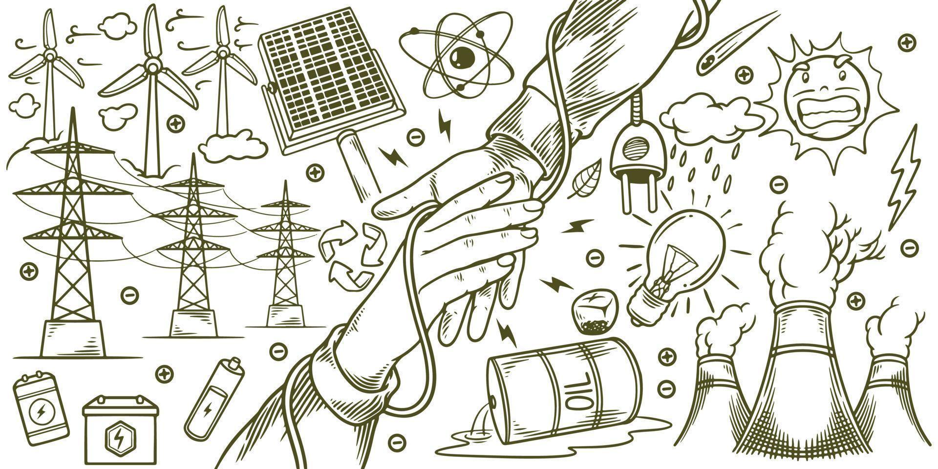 Hand drawn of save earth renewable energy ecology doodle set elements. vector