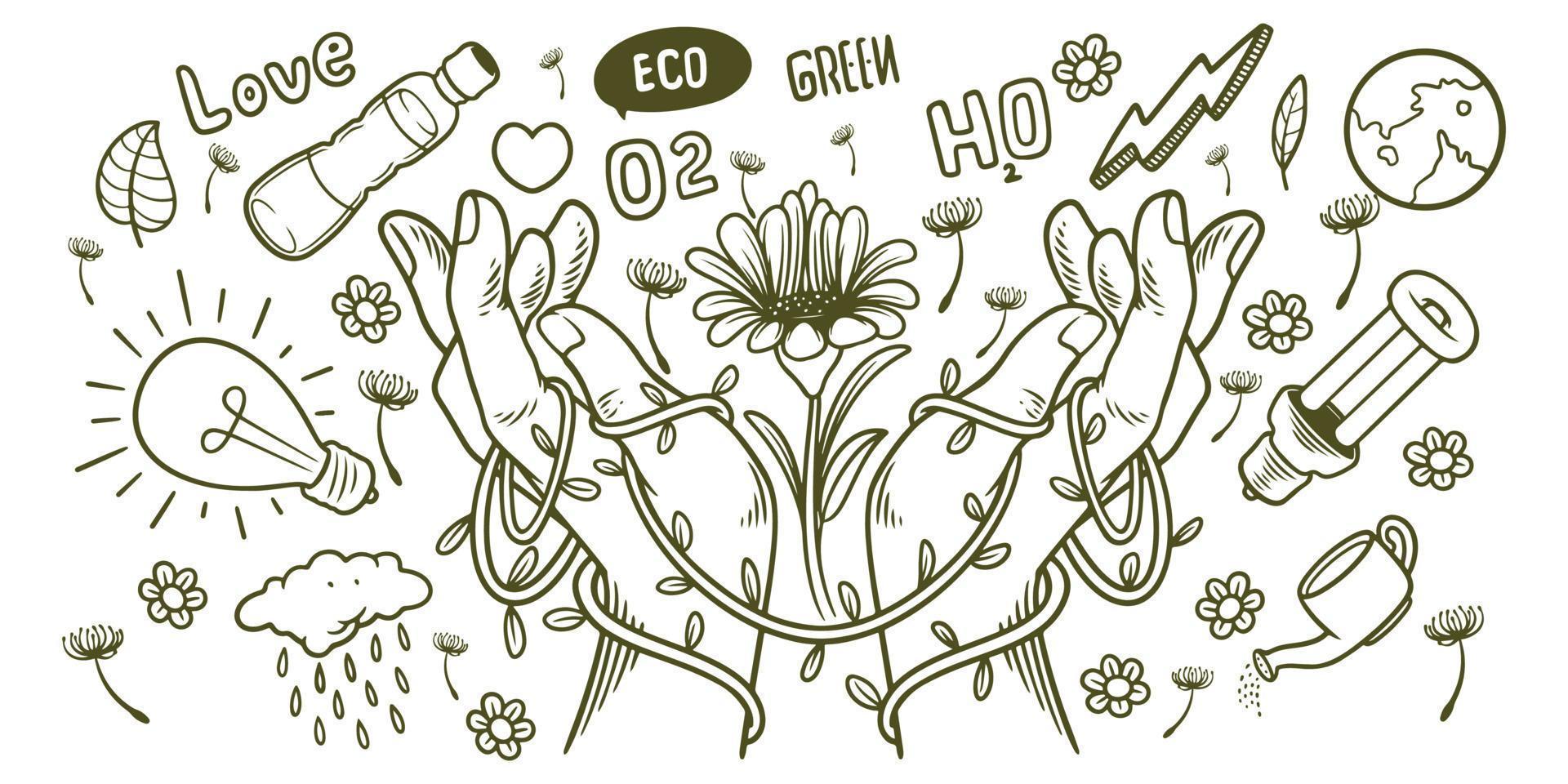 Hand drawn of save earth renewable energy ecology doodle set elements. vector