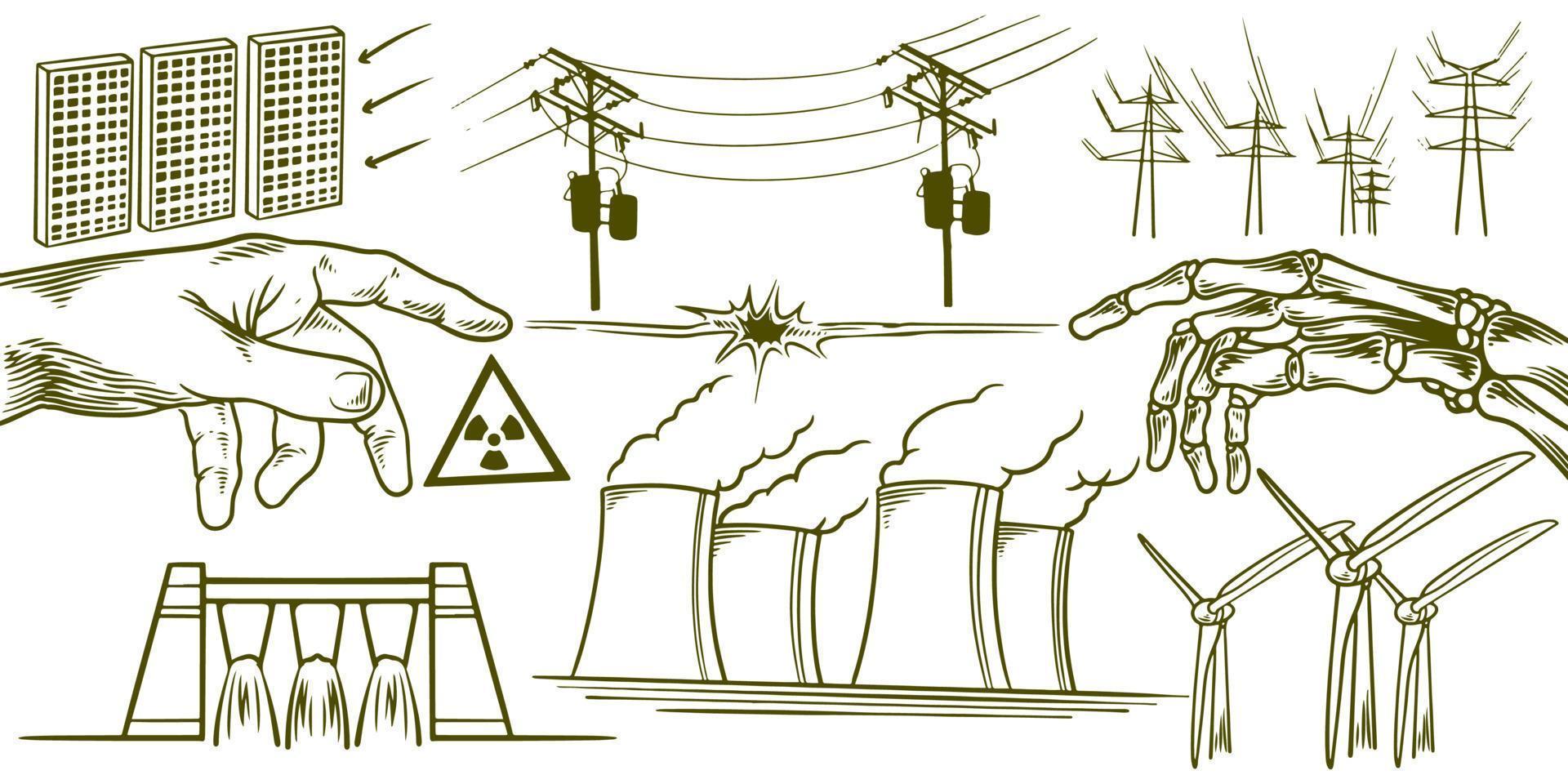 dibujado a mano de elementos de conjunto de garabatos de ecología de energía renovable de salvar la tierra. vector