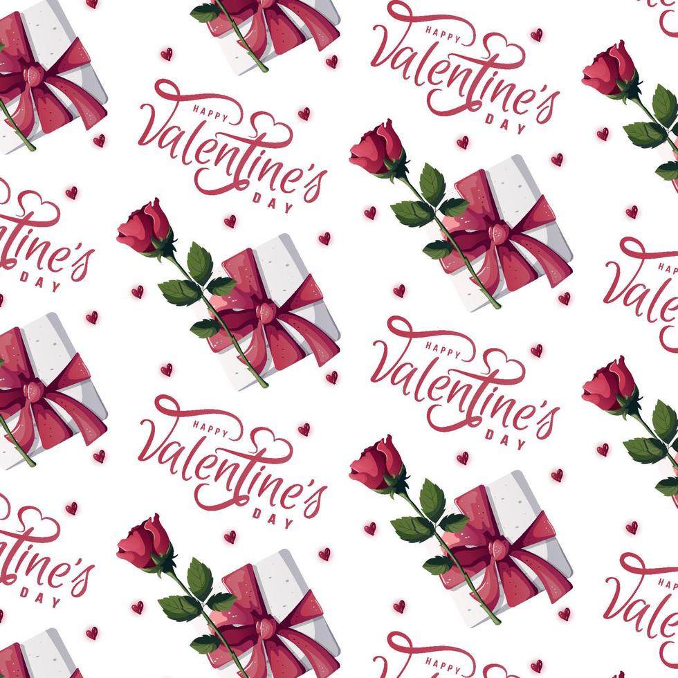 patrón impecable con rosas rojas, hojas, caja de regalo, corazones. feliz día de san valentín, romance, concepto de amor. perfecto para el diseño de productos, álbumes de recortes, textiles, papel de regalo. vector