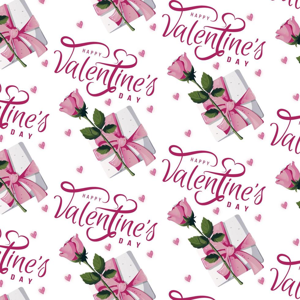 patrón impecable con rosas rosas, hojas, caja de regalo, corazones. feliz día de san valentín, romance, concepto de amor. perfecto para el diseño de productos, álbumes de recortes, textiles, papel de regalo. vector