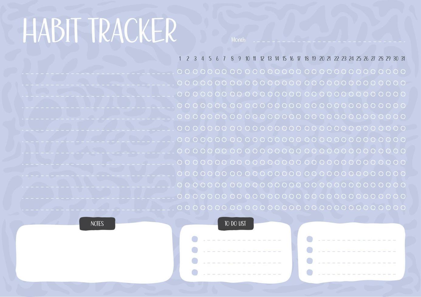 Habits Tracker printable template Vector. Monthly planner habit tracker blank template. Monthly planer. Vector illustration.Time management equipment.