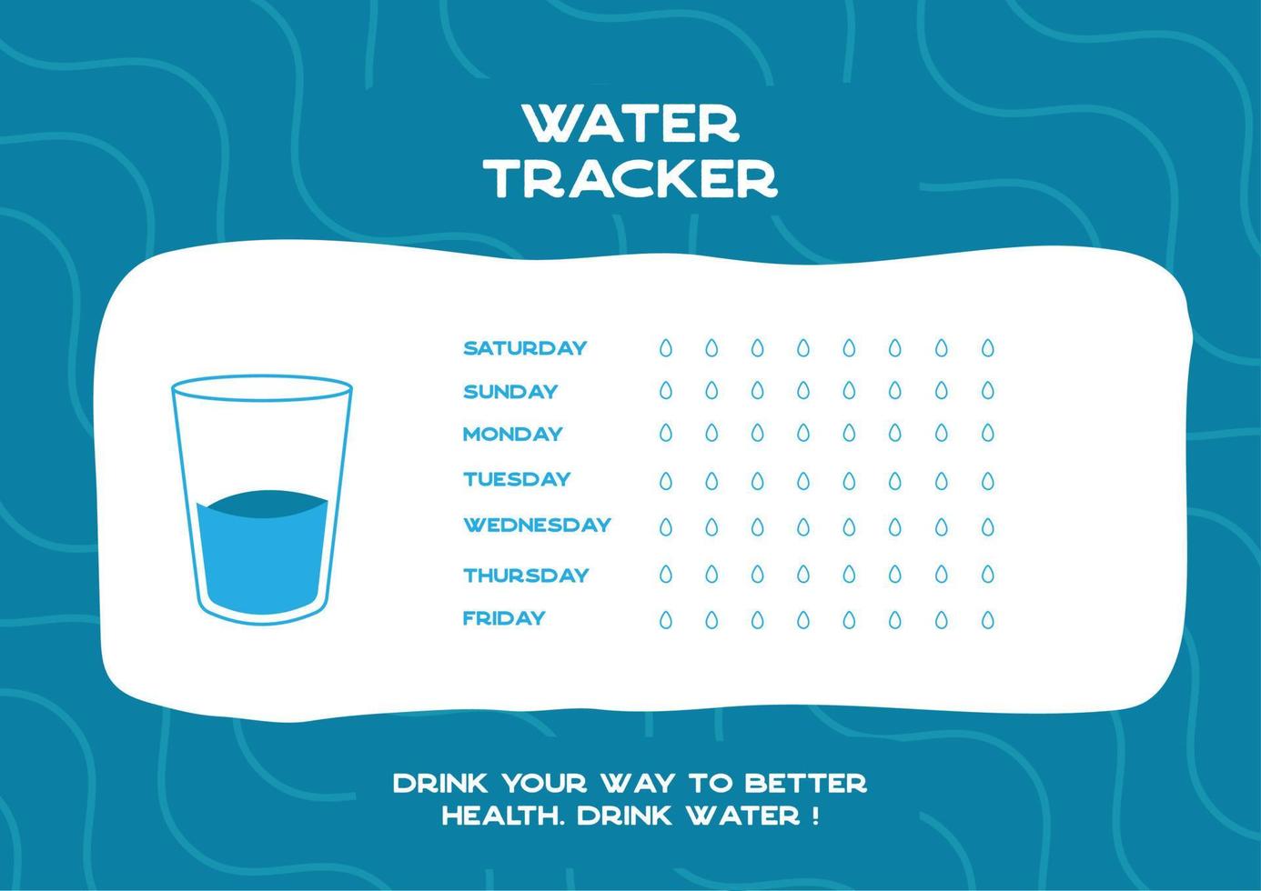 Printable water tracker for week or month. Water tracker balance vector calendar. Printable A4 template. 7 days of hydration challenge. Drinking enough water concept.