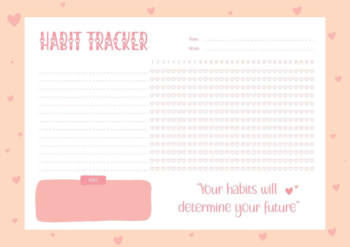 Habits Tracker printable template Vector. Monthly planner habit tracker blank template. Monthly planer. Vector illustration.Time management equipment.