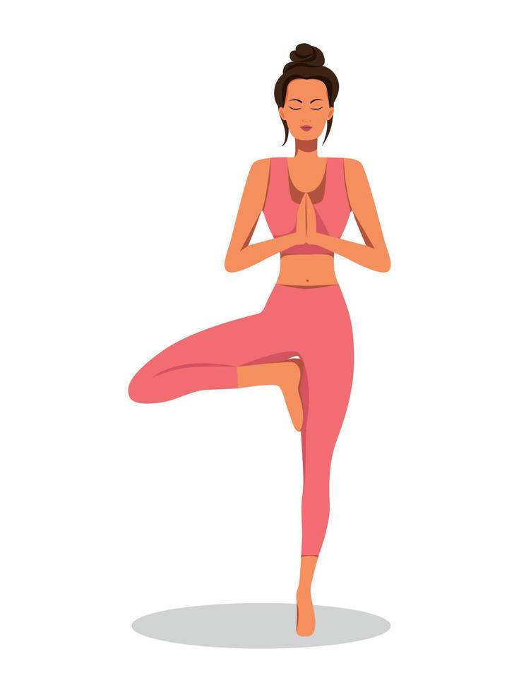 A girl in a pink suit does yoga in a tree pose asana tilt on a white background vector graphic