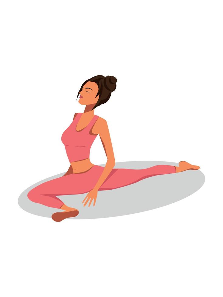 A girl in a pink suit does yoga in a pigeon pose asana tilt on a white background vector graphic