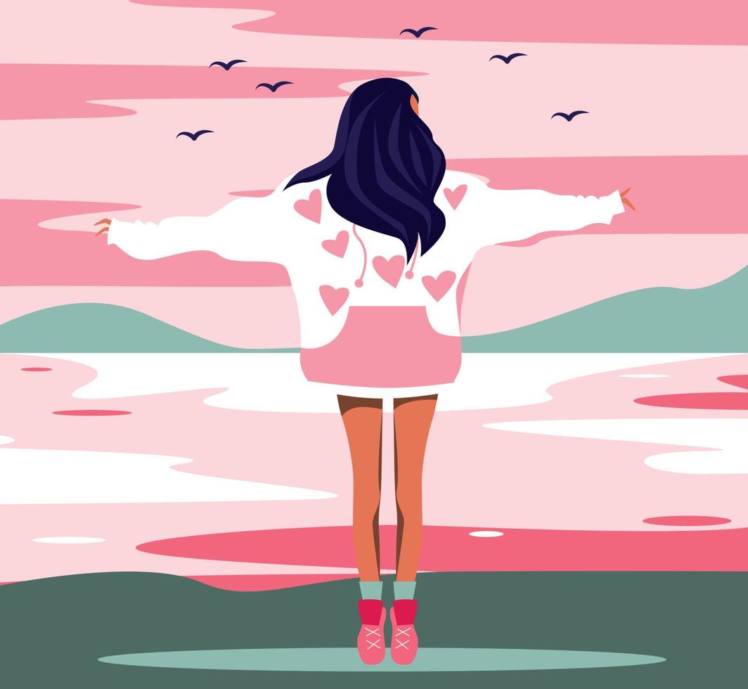 diseño de ilustración de gráficos vectoriales niña sin rostro en un suéter con capucha en la naturaleza de vacaciones ilustración brillante color rosa verde vector