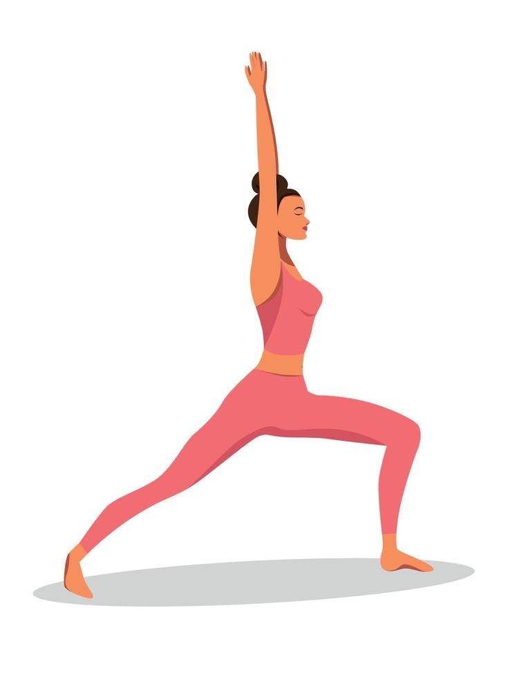 una chica con traje rosa hace yoga en una postura guerrera asana inclinada sobre un gráfico vectorial de fondo blanco vector