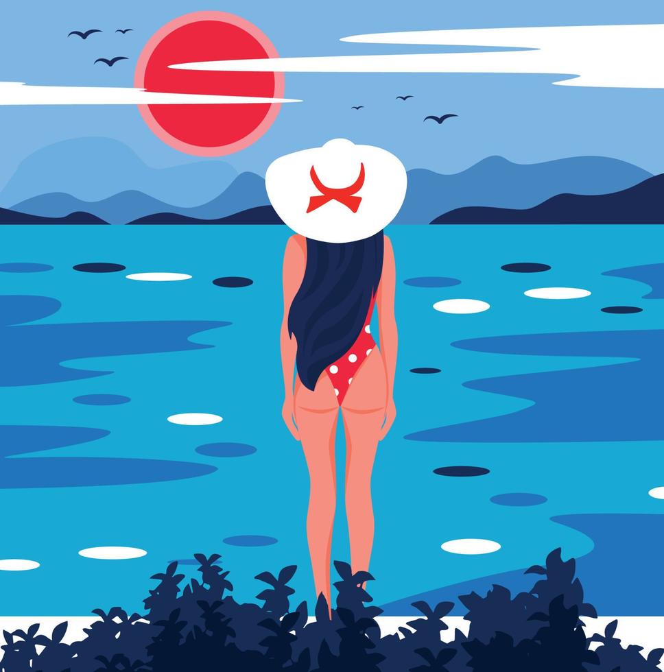 Vector graphics illustration design girl without a face in a bikini in nature on vacation bright illustration red blue