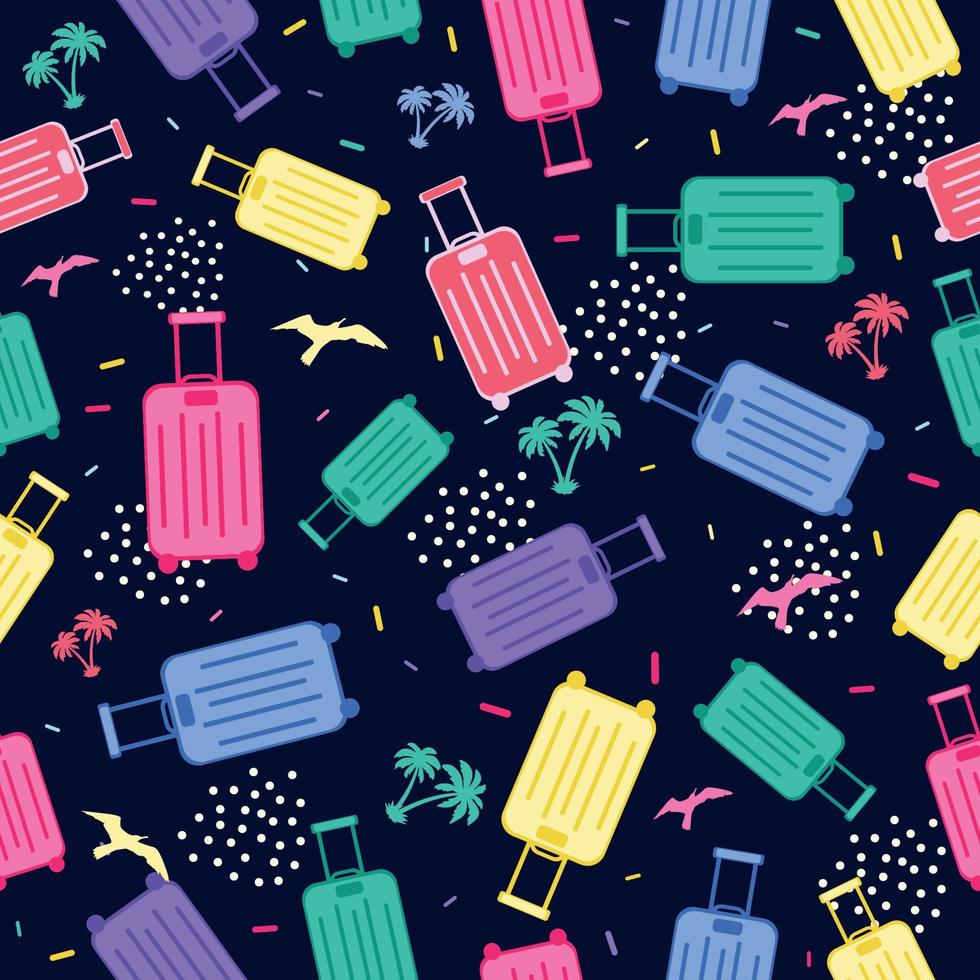 Vector illustration pattern bright colored suitcase of different colors baggage seagull palm for travel on a dark blue background