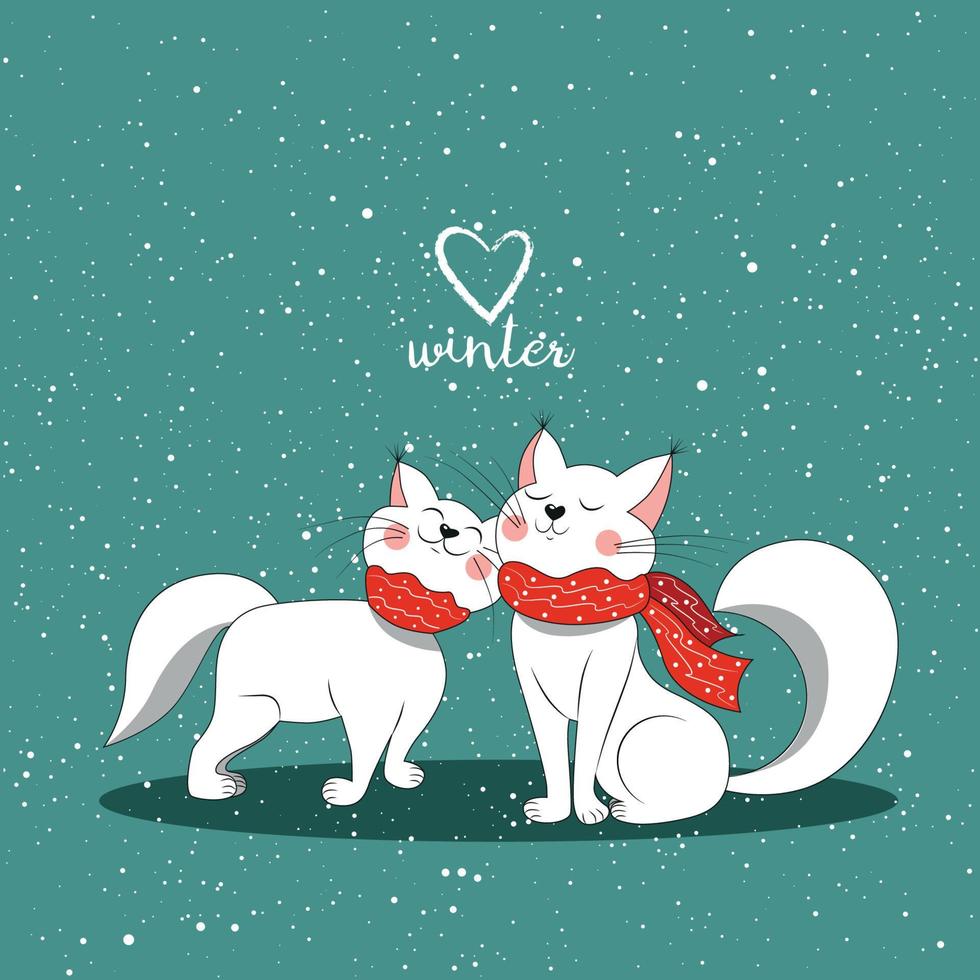 Vector illustration postcard gift love winter new year christmas two cat cat white color and red scarf it's snowing on a green background