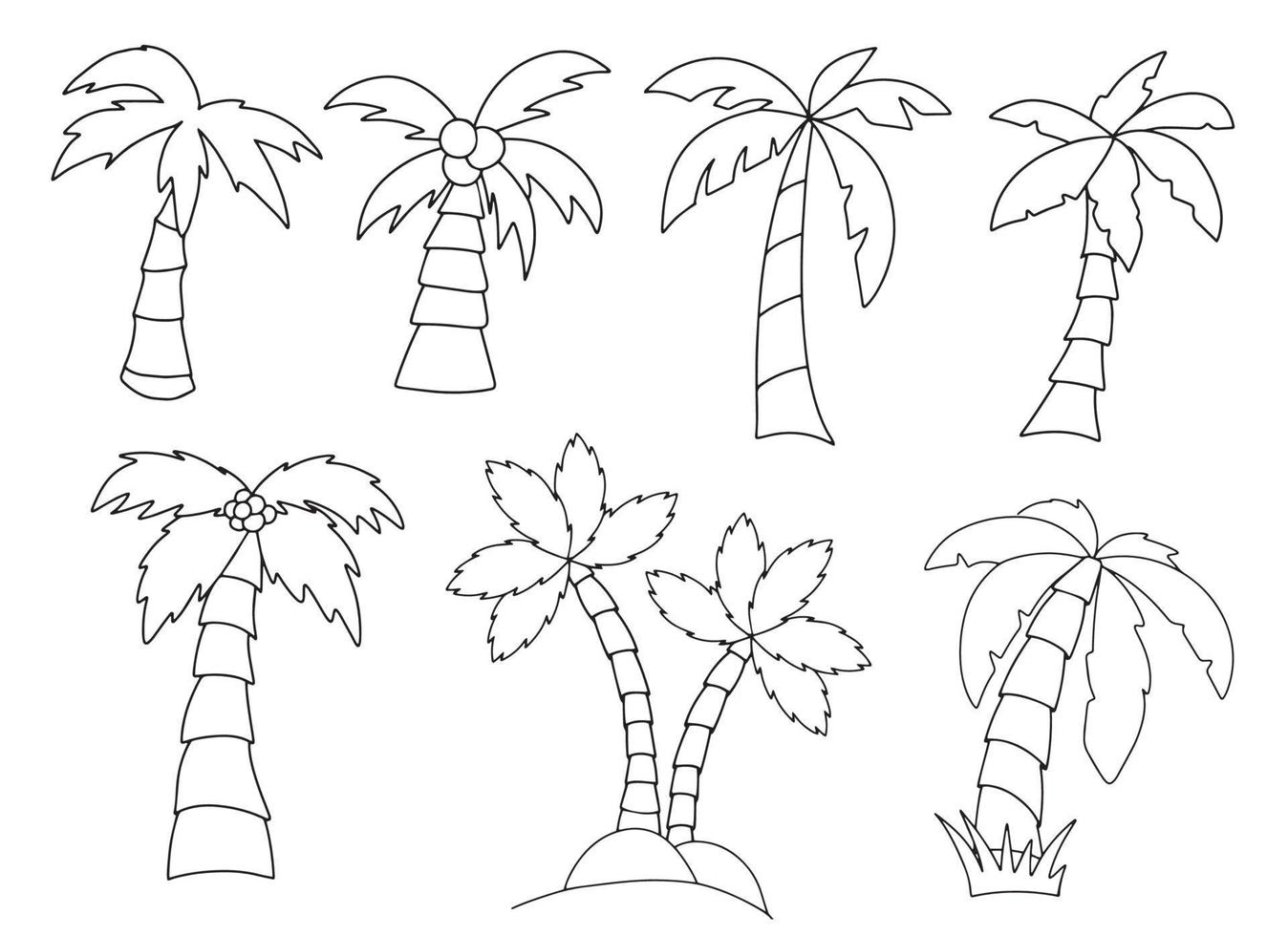 Vector graphics set of different palm tree silhouette black line contour