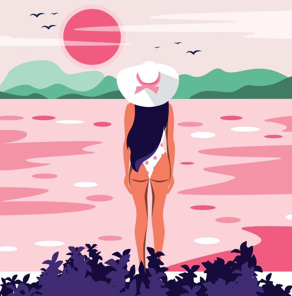 Vector graphics illustration design girl in a hat without a face in a bikini in nature on vacation bright illustration pink green