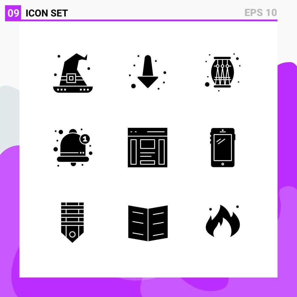 Set of 9 Commercial Solid Glyphs pack for left communication music alarm bell Editable Vector Design Elements