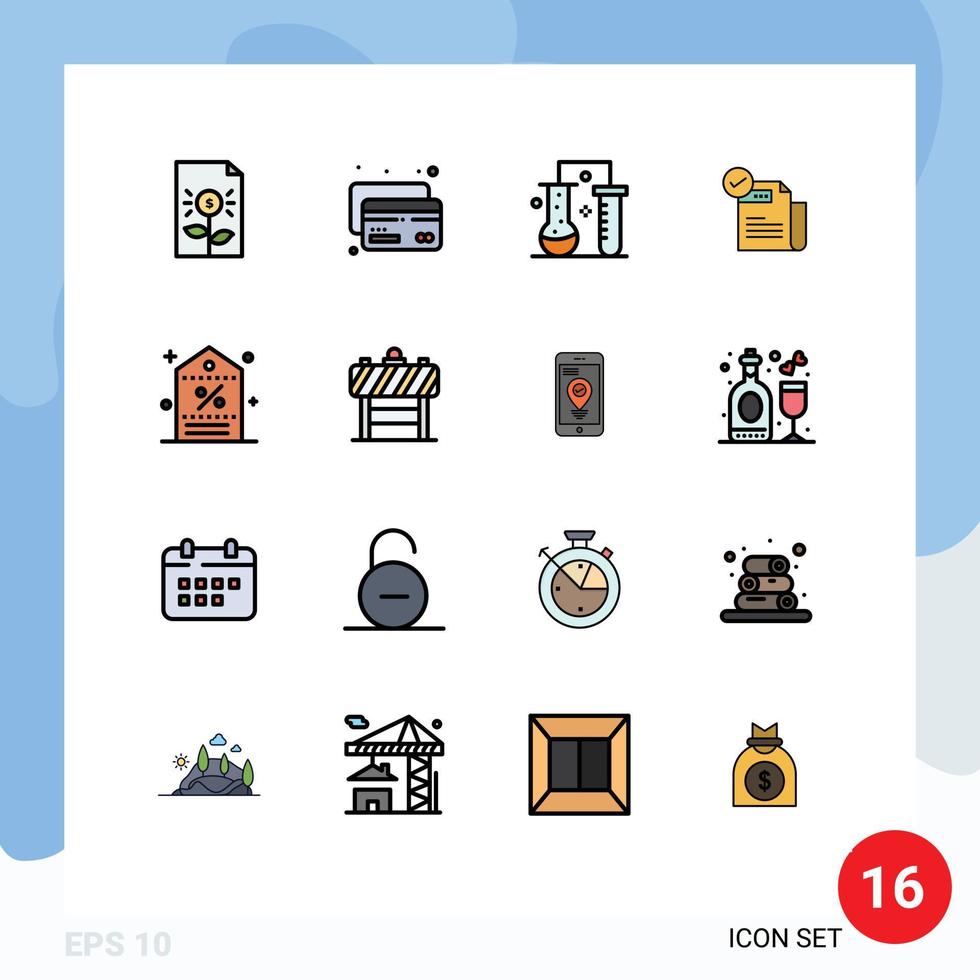 Set of 16 Commercial Flat Color Filled Lines pack for features feature chemical science check list scientific research Editable Creative Vector Design Elements