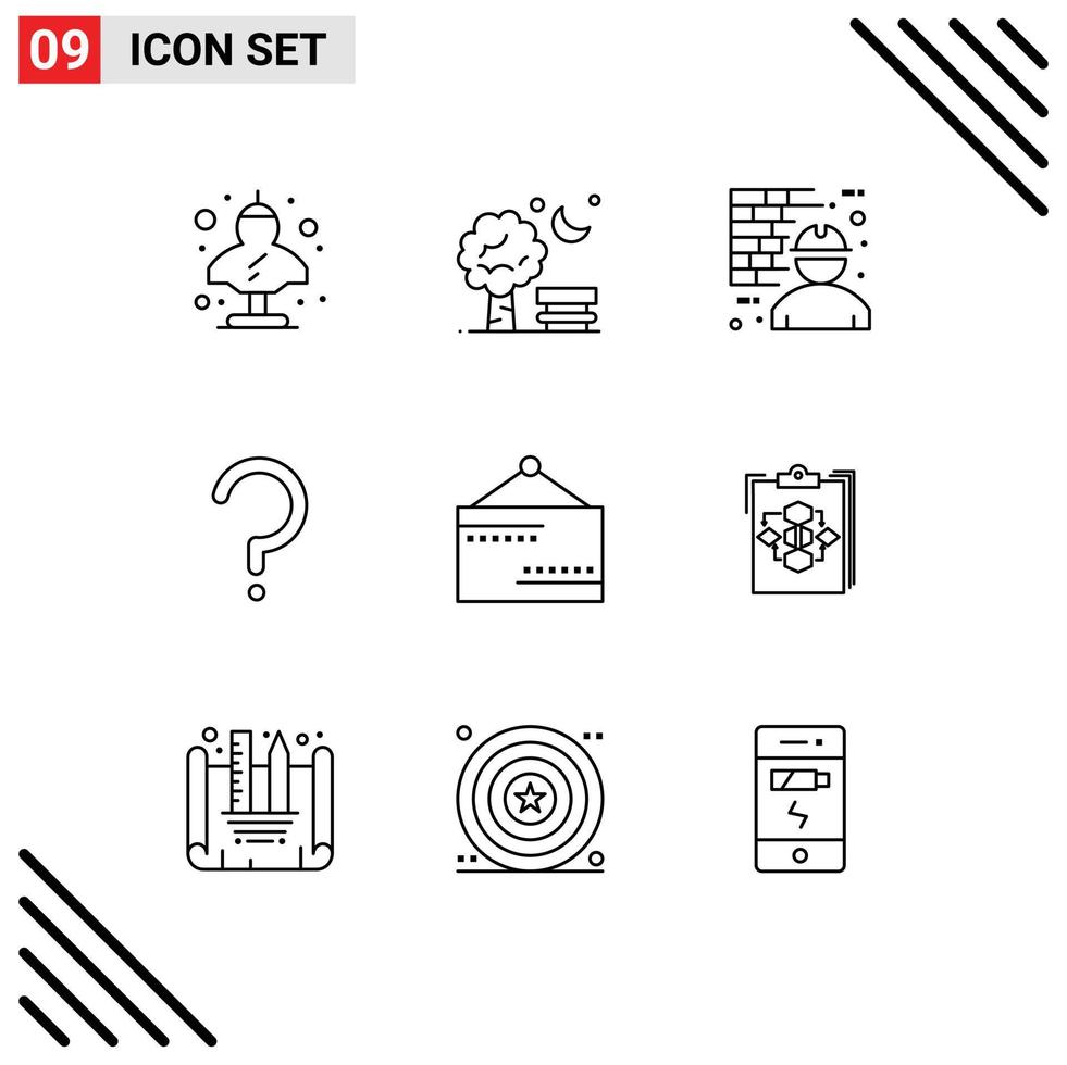 Editable Vector Line Pack of 9 Simple Outlines of question mark help spring worker labour Editable Vector Design Elements