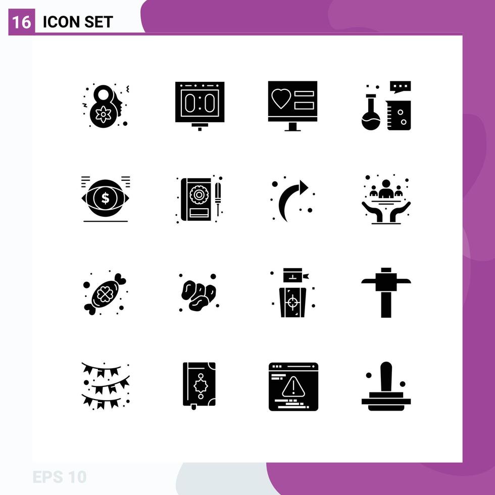 Modern Set of 16 Solid Glyphs and symbols such as science lab chemistry laboratory app chemistry lab wedding Editable Vector Design Elements