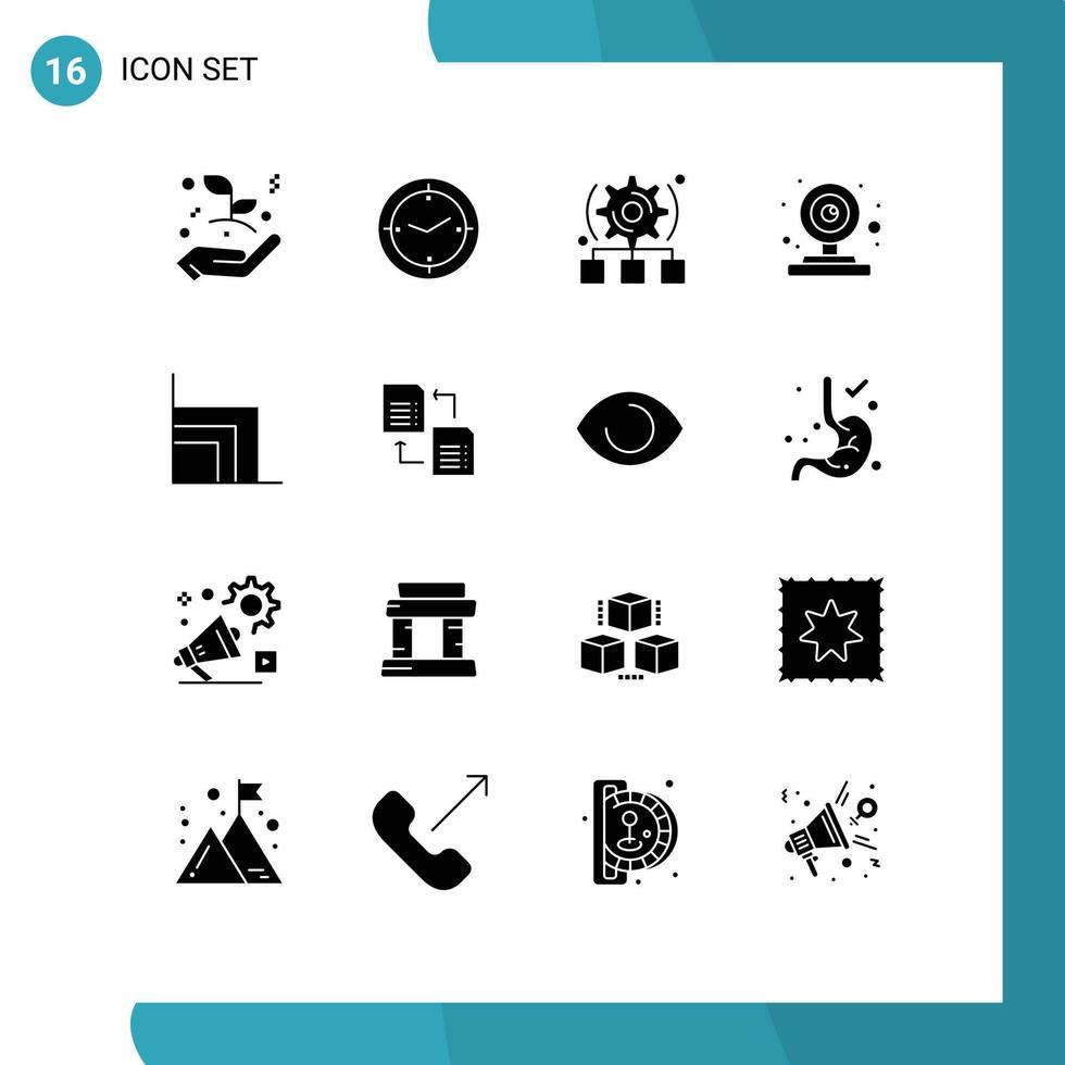 Solid Glyph Pack of 16 Universal Symbols of chart video camera setting webcam camera Editable Vector Design Elements