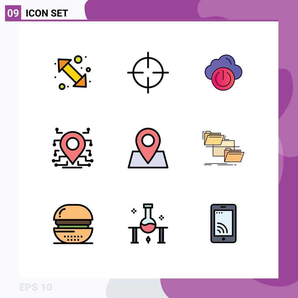 9 Filledline Flat Color concept for Websites Mobile and Apps map secure symbols processor off Editable Vector Design Elements