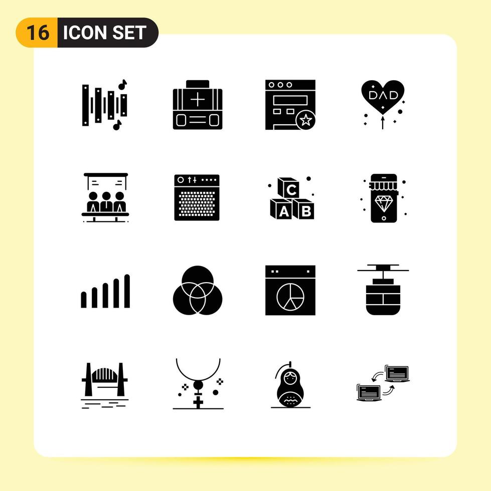 Set of 16 Commercial Solid Glyphs pack for technology project seo love father Editable Vector Design Elements