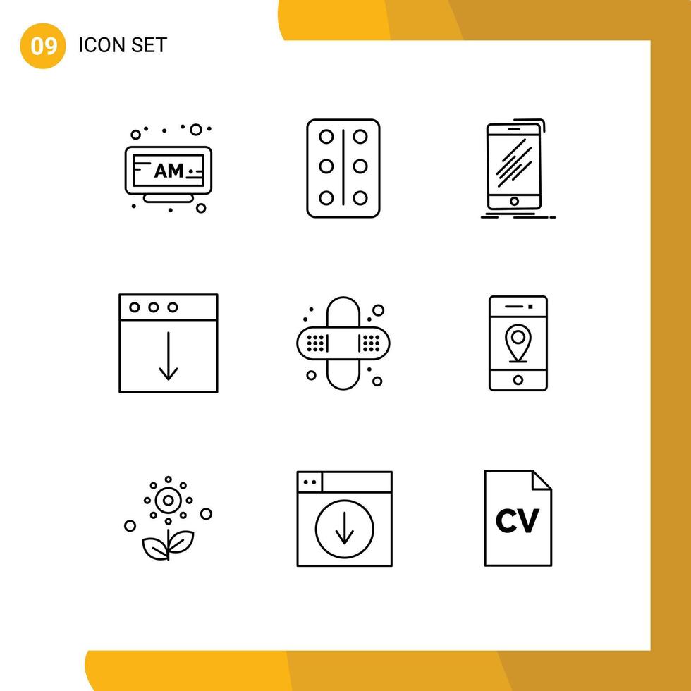 User Interface Pack of 9 Basic Outlines of health mac mobile export app Editable Vector Design Elements