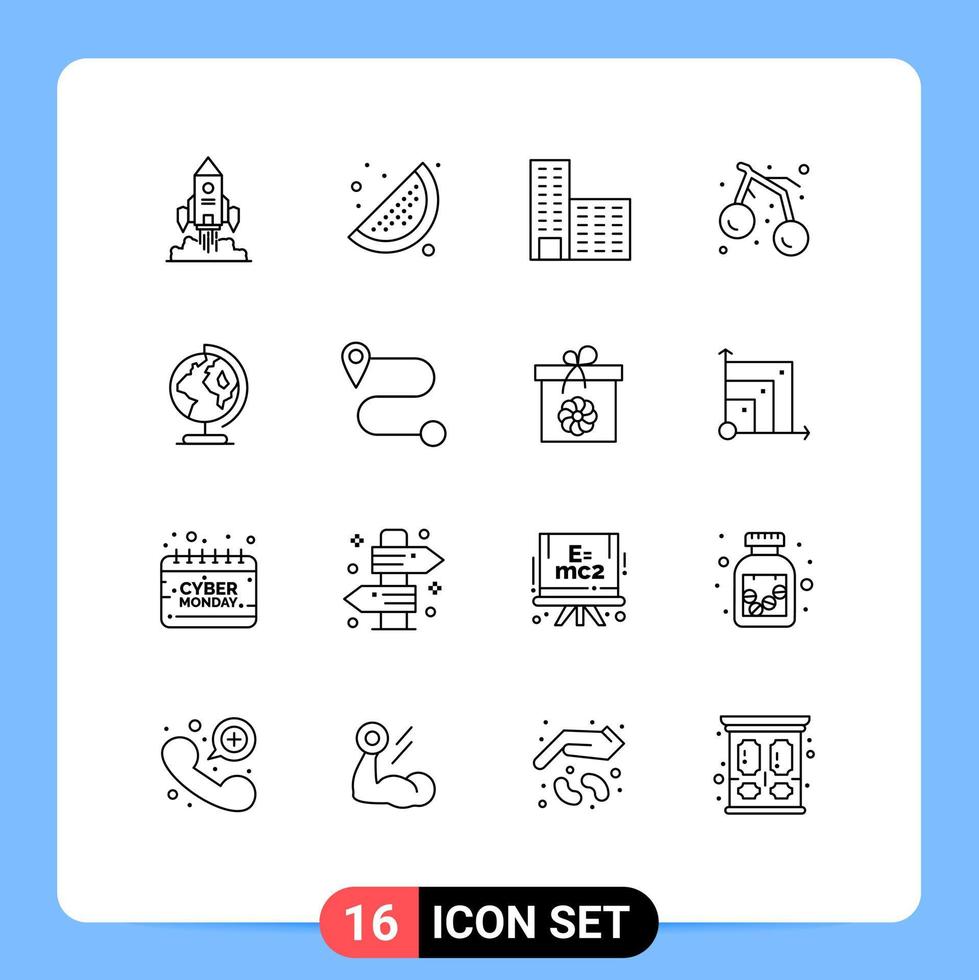 Universal Icon Symbols Group of 16 Modern Outlines of worldwide earth architecture cherry summer Editable Vector Design Elements