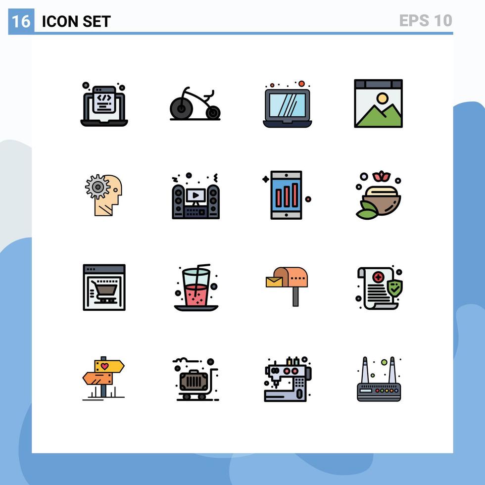 16 Thematic Vector Flat Color Filled Lines and Editable Symbols of gear solution computer website computer Editable Creative Vector Design Elements