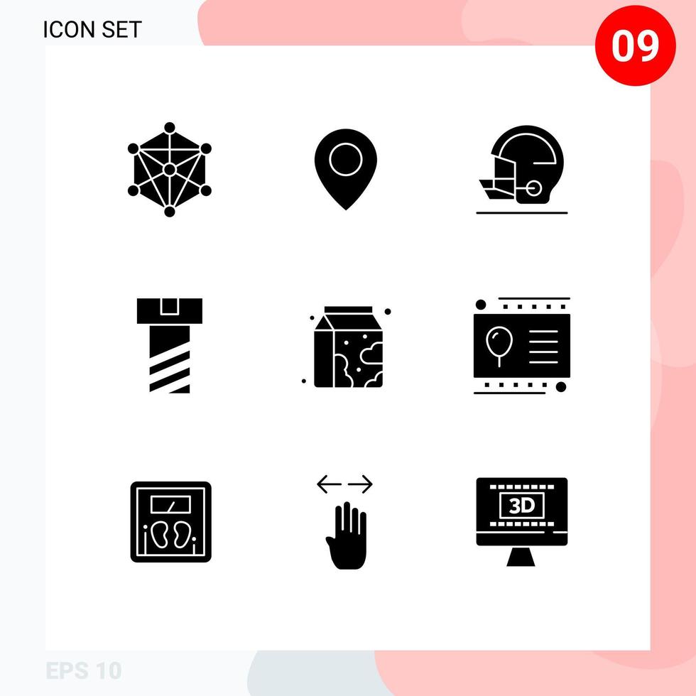 9 concepto de glifo sólido para sitios web móviles y aplicaciones tarjeta de regalo leche seguridad bebida nuez elementos de diseño vectorial editables vector