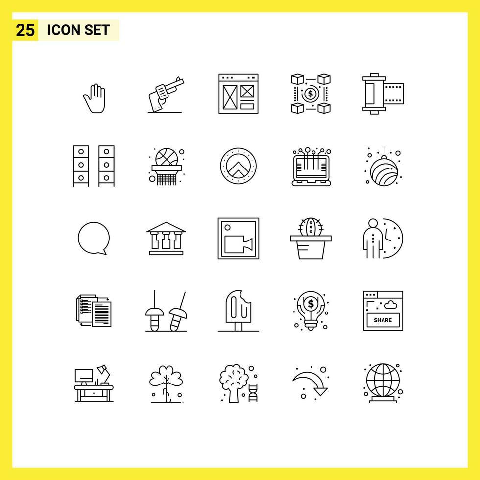Pack of 25 creative Lines of payments network browser currency web Editable Vector Design Elements