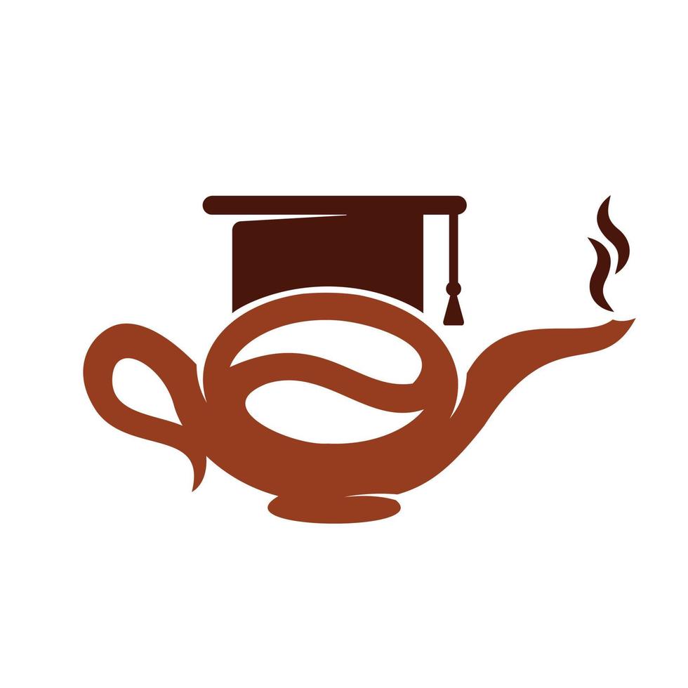 Plantilla de icono de diseño de logotipo de hervidor de escuela de café. vector de diseño de cafetera con gorro de graduación.