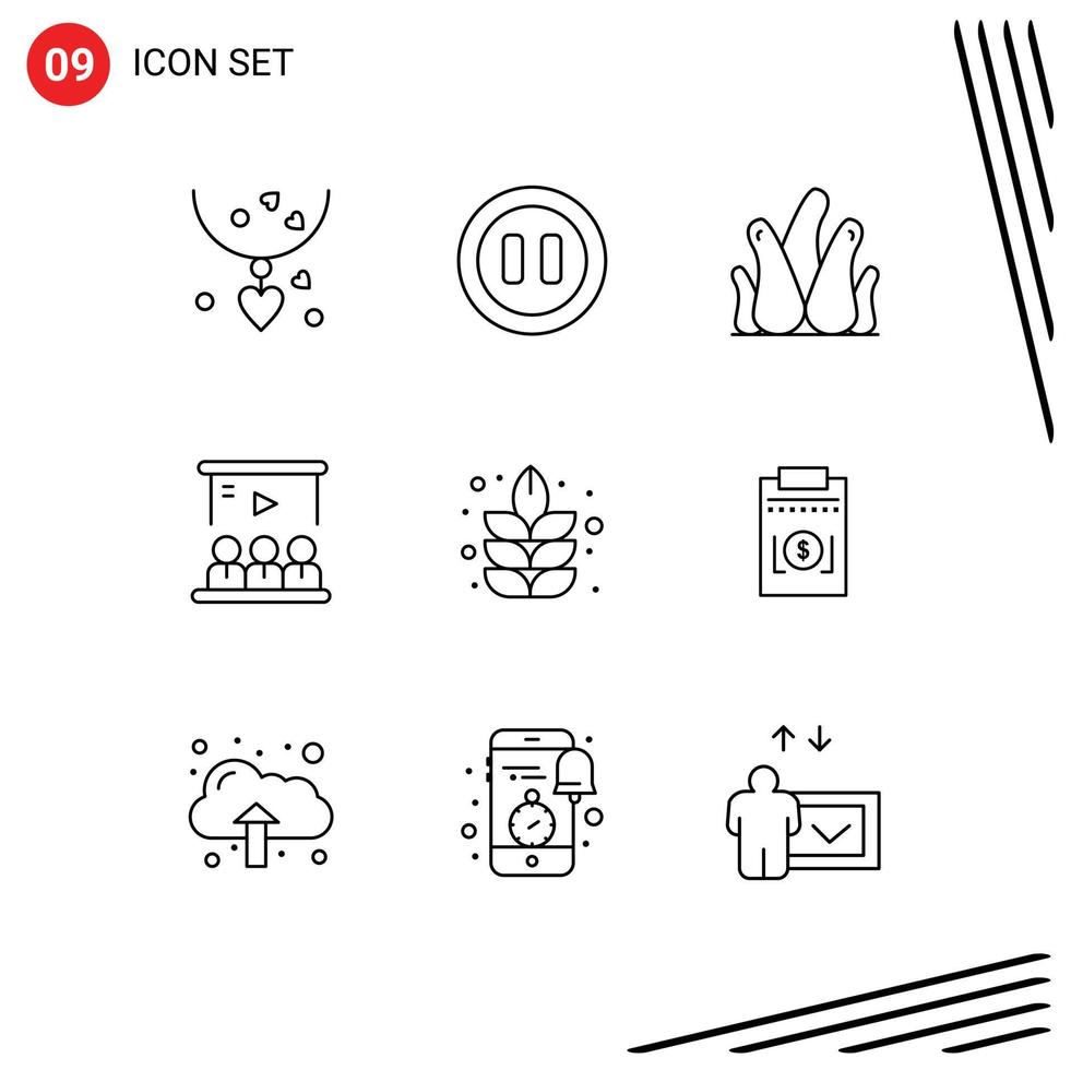 9 User Interface Outline Pack of modern Signs and Symbols of nature user aloe vera team video Editable Vector Design Elements